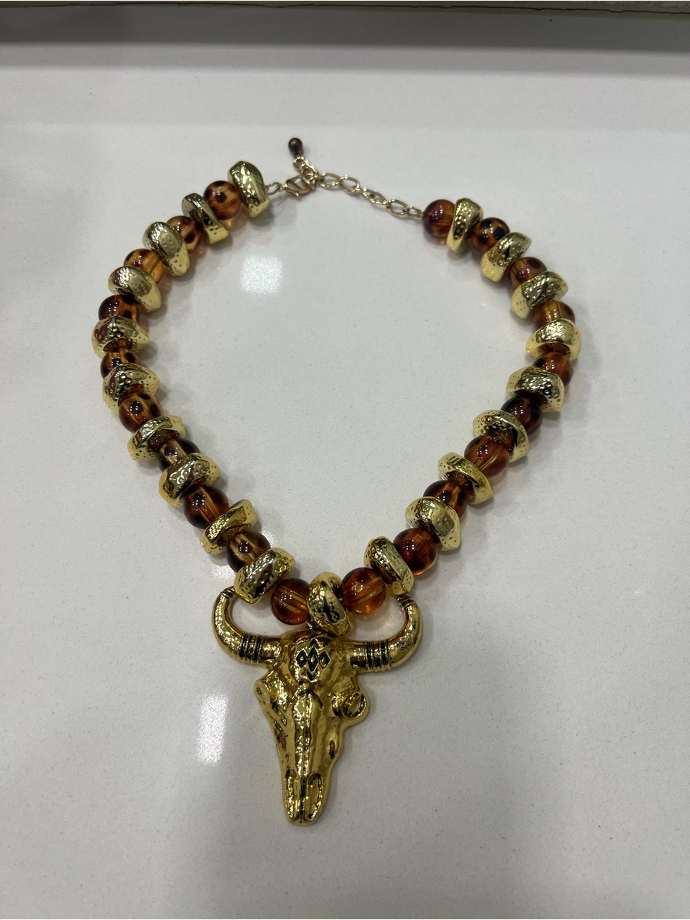 Gold and Amber Bull Skull Statement Necklace
